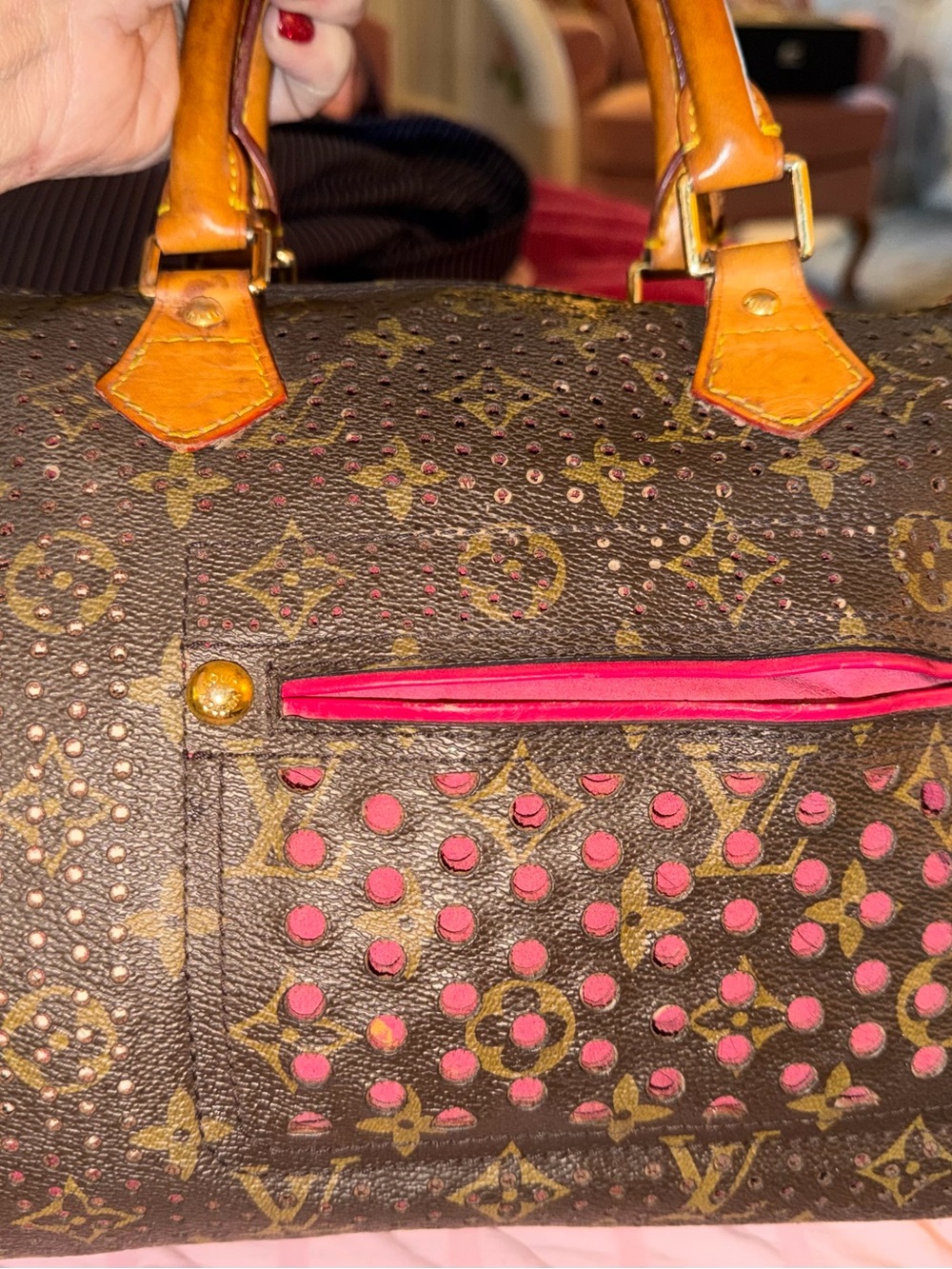 Louis Vuitton Brown Monogram Satchel with Pink Stud Detailing